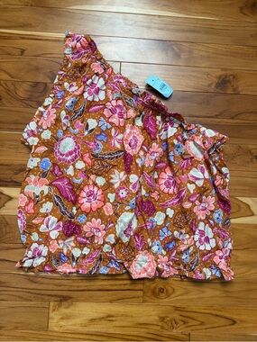 Ann Taylor Rust Floral One-Shoulder Ruffle Tank